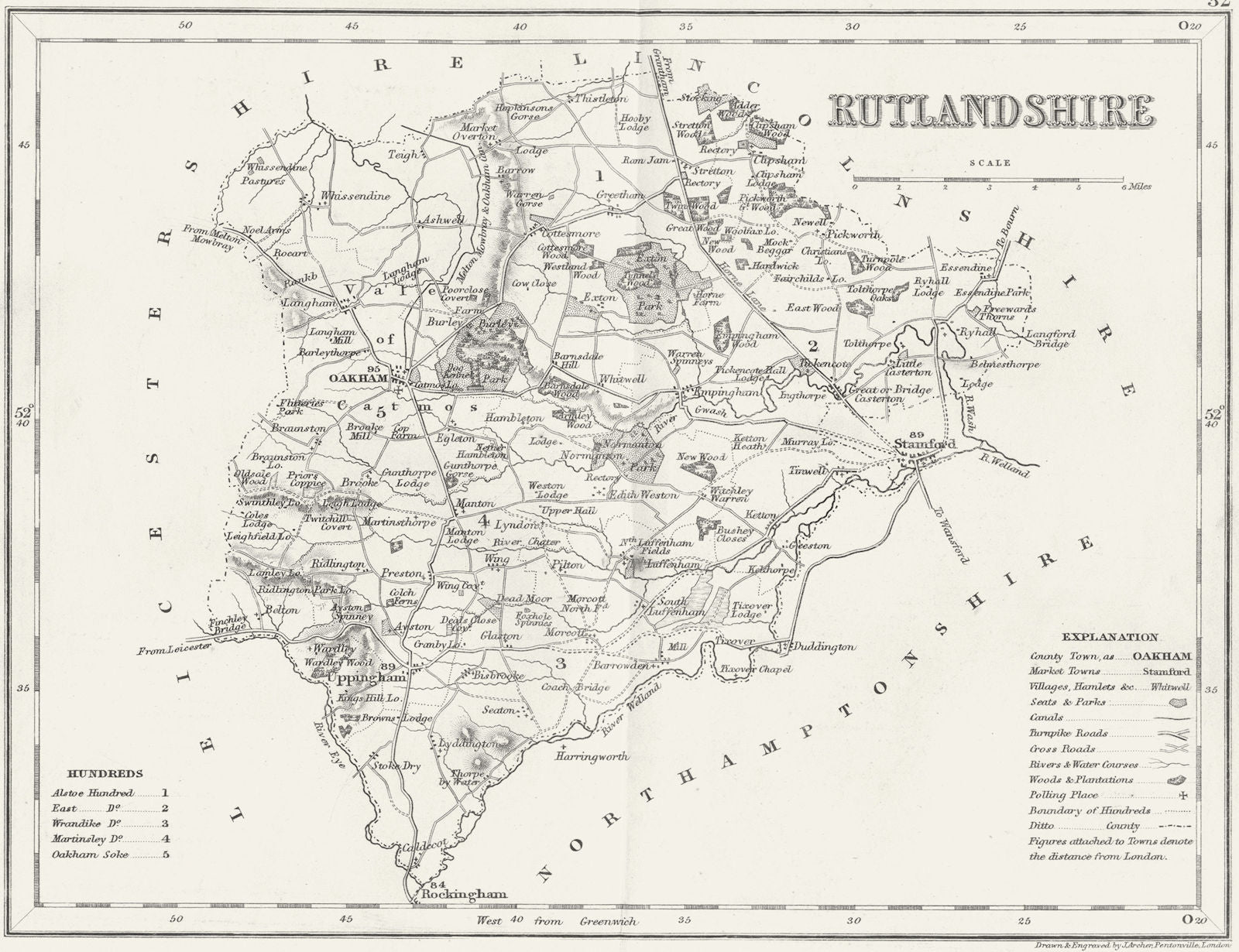 RUTLAND. Rutlandshire. Archer Dugdale c1840 old antique vintage map plan chart